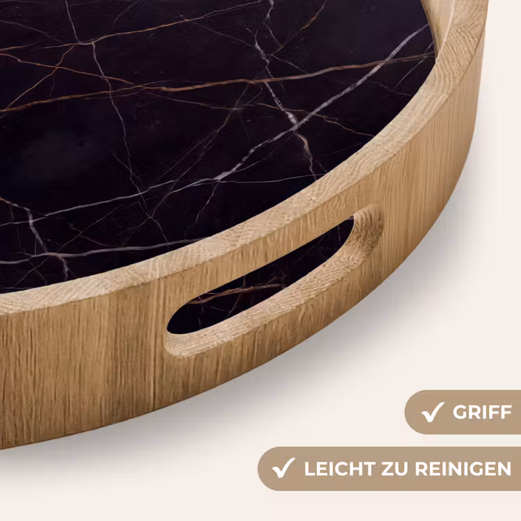 Natuursteen - Marmerpatroon - Abstract - Modern - Zwart - Goud Dienblad Rond middel -USP_HandgreepDE