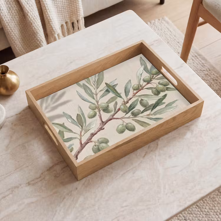 Olijftak - Bladeren - Natuur - Groen - Beige Dienblad Rechthoek middel -sfeer1
