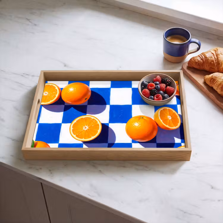 Tablett - Orange – Kariert – Essen - Sinaasappel - Geruit - Eten Dienblad Rechthoek middel