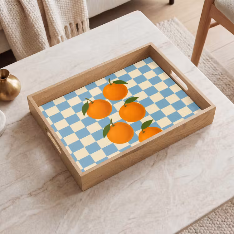 Sinaasappels - Blaadjes - Geblokt - Blauw Dienblad Rechthoek middel -sfeer1