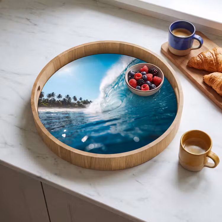Oceaan - Golf - Strand - Natuur - Blauw Dienblad Rond middel -sfeer2