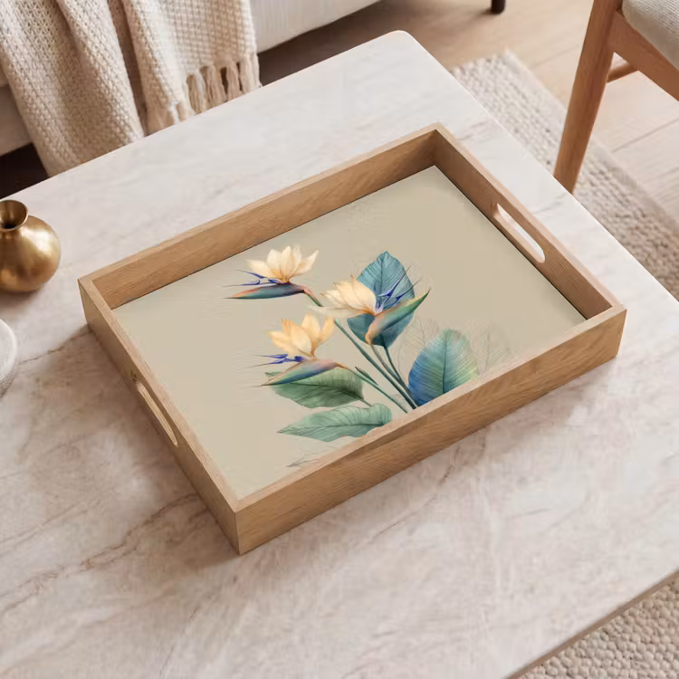 Paradijsvogelbloemen - Blauwgroene bladeren - Beige Dienblad Rechthoek middel -sfeer1