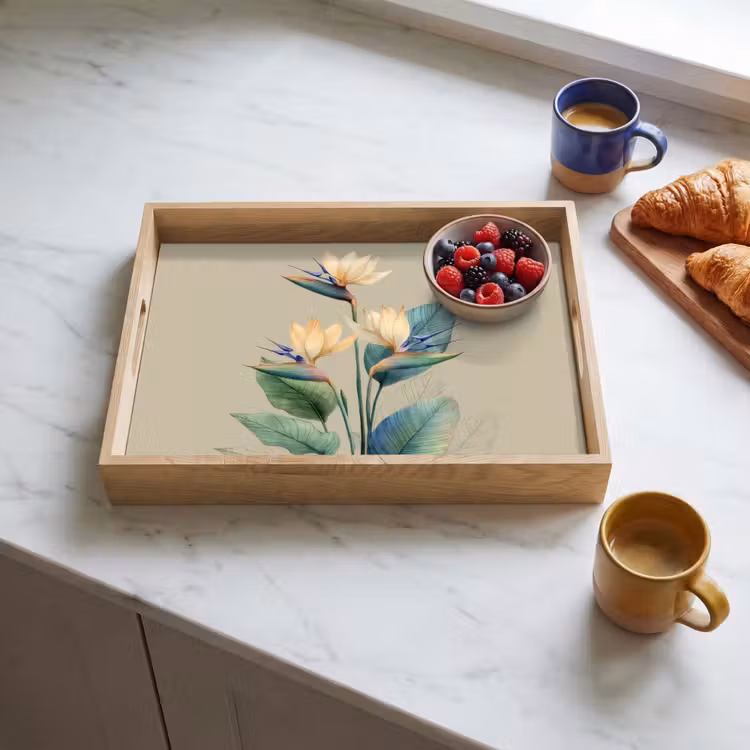 Paradijsvogelbloemen - Blauwgroene bladeren - Beige Dienblad Rechthoek middel -sfeer2