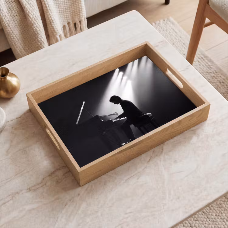 Persoon - Piano - Muziek - Zwart-wit - Podium Dienblad Rechthoek middel -sfeer1