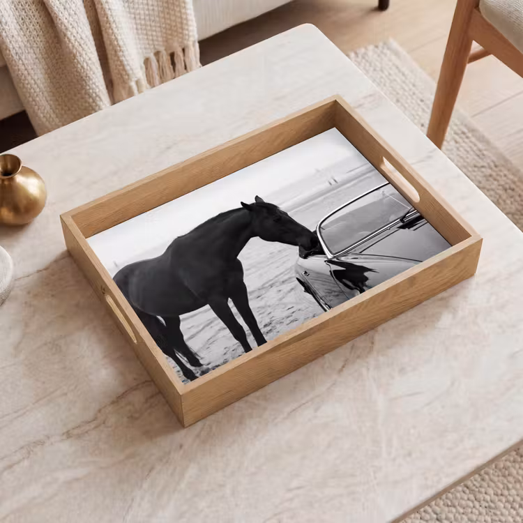 Paard - Auto - Zwart - Wit Dienblad Rechthoek middel -sfeer1
