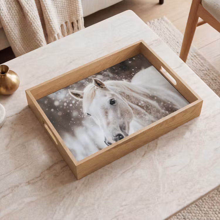 Paard - Wit - Winter - Natuur - Sneeuw - Dieren Dienblad Rechthoek middel -sfeer1