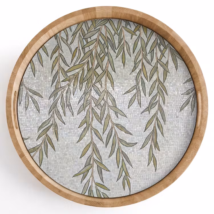 Planten - Mozaïek - Patroon - Groen - Blauw Dienblad Rond middel -z3d_shopping