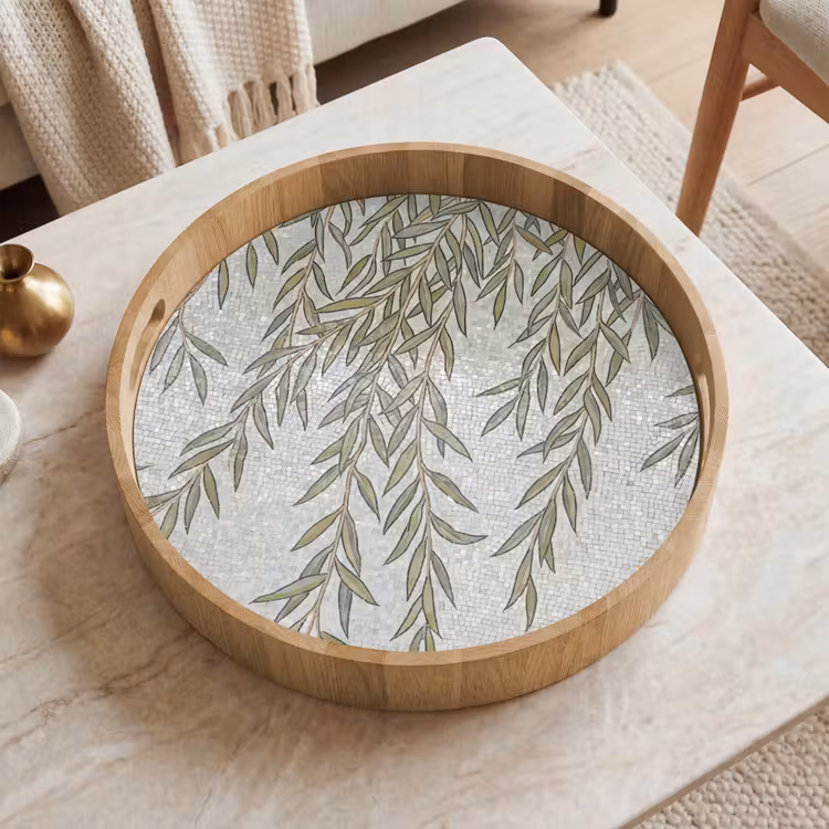 Planten - Mozaïek - Patroon - Groen - Blauw Dienblad Rond middel -sfeer1