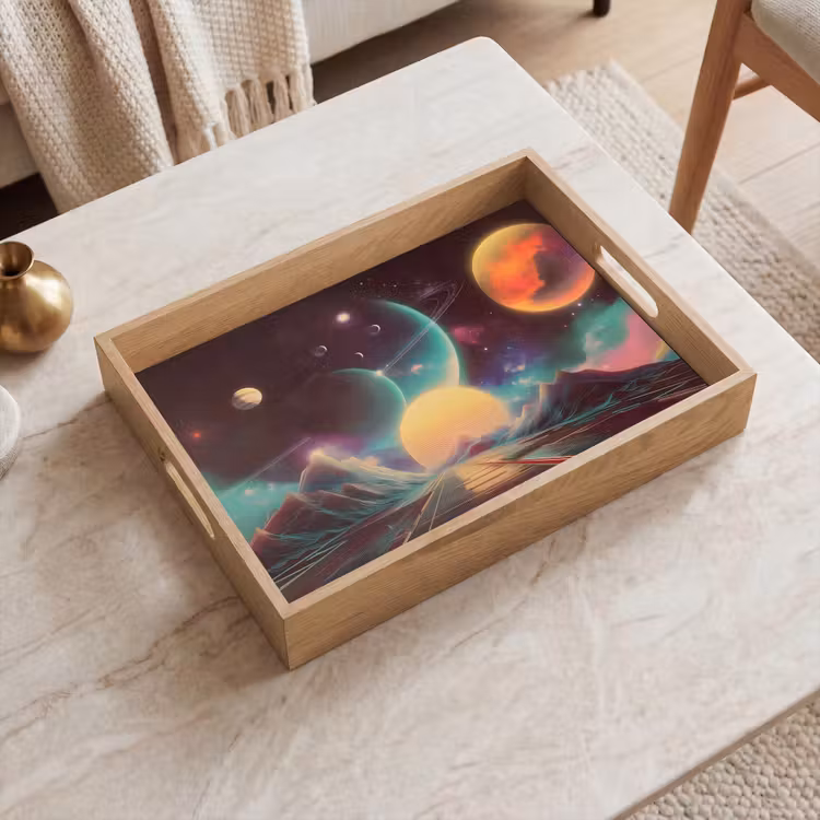 Planeten - Neon - Berglandschap - Zon Dienblad Rechthoek middel -sfeer1