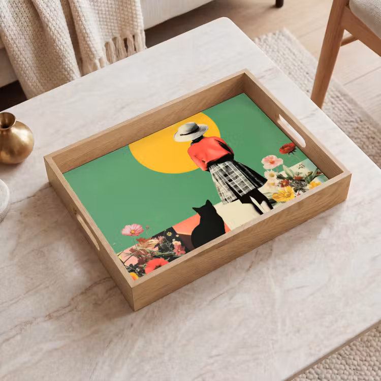 Retro - Meisje - Kat - Zon Dienblad Rechthoek middel -sfeer1