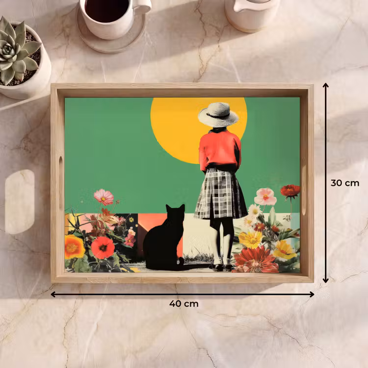 Retro - Meisje - Kat - Zon Dienblad Rechthoek middel -USP_Formaat