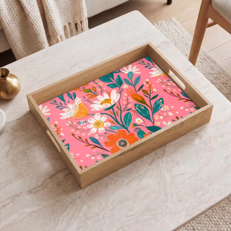 Roze - Bloemen - Wit - Oranje Dienblad Rechthoek middel -sfeer1