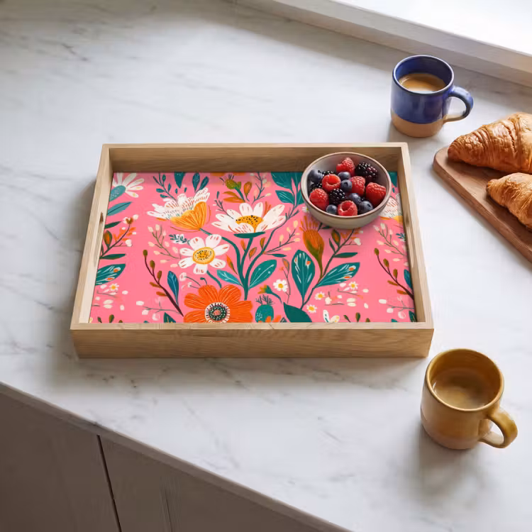 Roze - Bloemen - Wit - Oranje Dienblad Rechthoek middel -sfeer2
