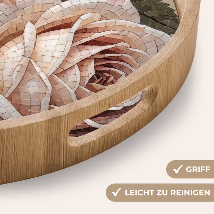 Roos - Mozaïek - Bloemen - Klassiek - Beige Dienblad Rond middel -USP_HandgreepDE