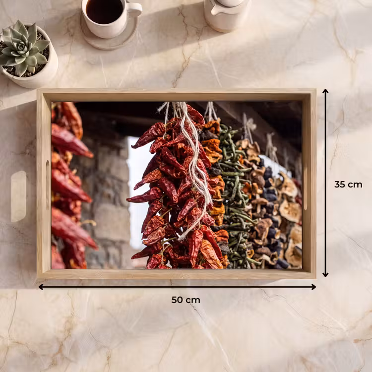 Tablett - Rote Chilischoten – Essen - Rode pepers - Eten Dienblad Rechthoek middel