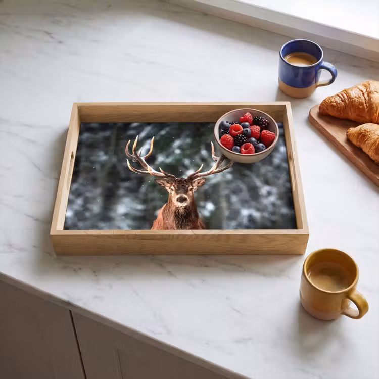 Hert - Winter - Sneeuw - Bos - Natuur - Dier Dienblad Rechthoek middel -sfeer2