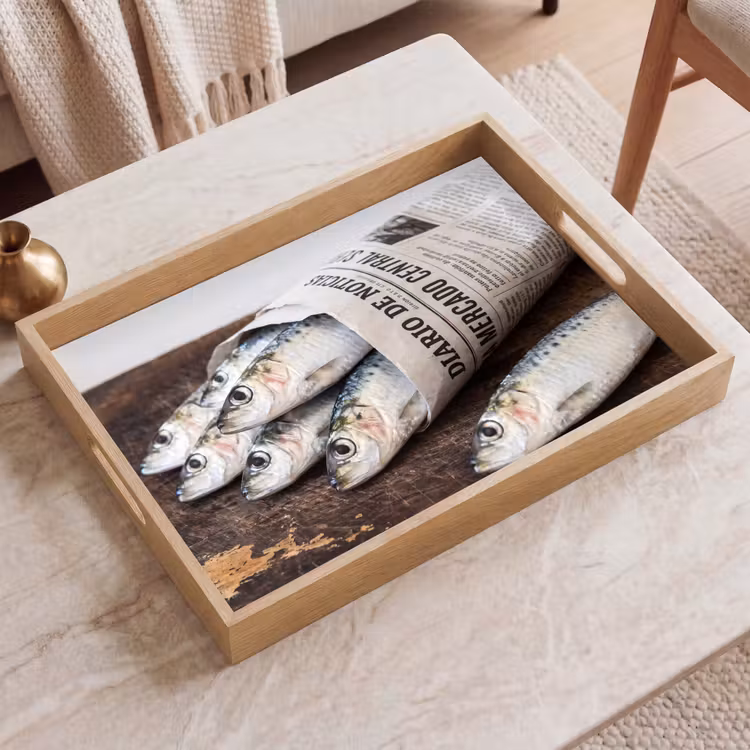 Tablett - Sardine – Zeitung – Schneidebrett - Sardientje - krant - snijplank Dienblad Rechthoek middel