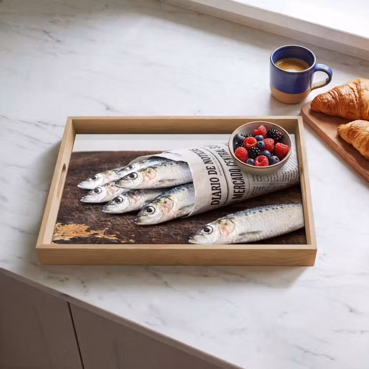 Tablett - Sardine – Zeitung – Schneidebrett - Sardientje - krant - snijplank Dienblad Rechthoek middel