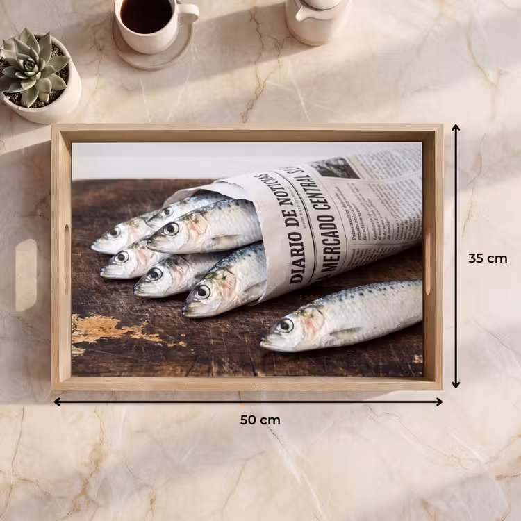 Tablett - Sardine – Zeitung – Schneidebrett - Sardientje - krant - snijplank Dienblad Rechthoek middel