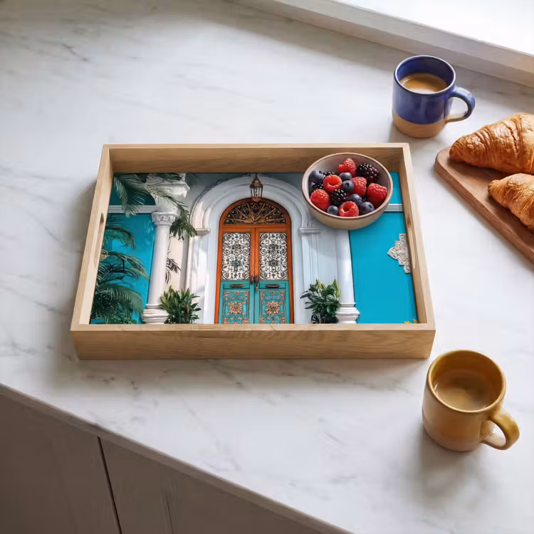 Zuilen - Sierlijke - Deur - Blauw Dienblad Rechthoek middel -sfeer2