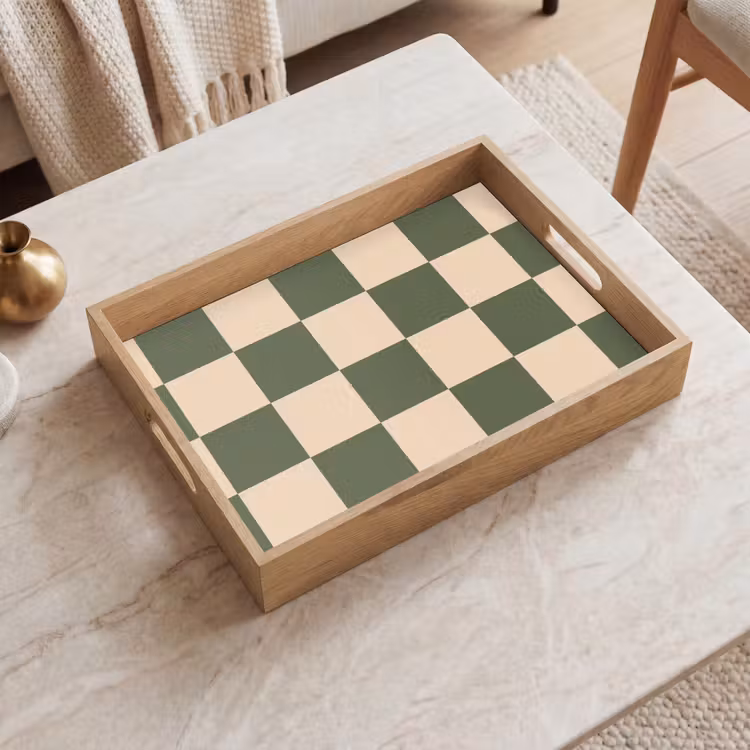 Schaakbord print - Groen - Beige - Blokjes Dienblad Rechthoek middel -sfeer1