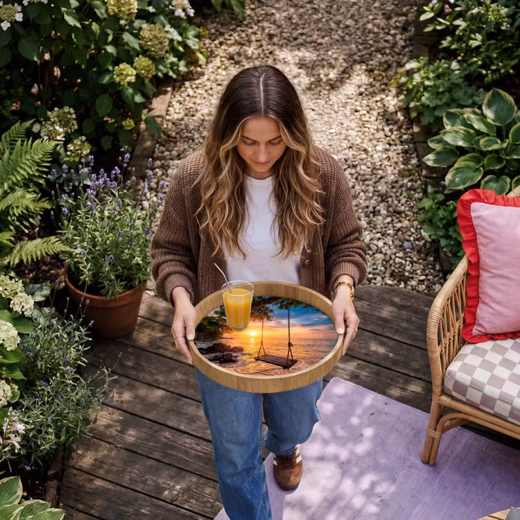 Schommel - Strand - Zonsondergang - Natuur - Oranje Dienblad Rond middel -sfeer5