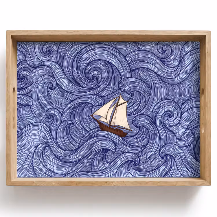 Schip - Golven - Zee - Illustratie - Blauw Dienblad Rechthoek middel -z3d_shopping