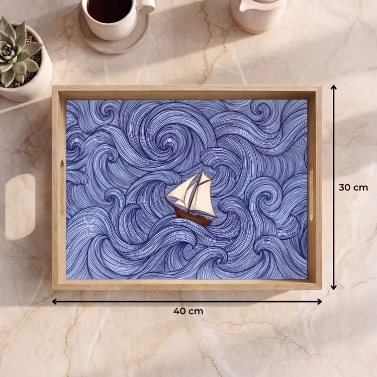 Schip - Golven - Zee - Illustratie - Blauw Dienblad Rechthoek middel -USP_Formaat
