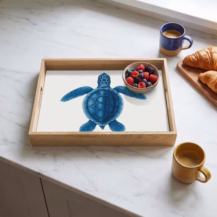 Schildpad - Blauw - Schild Dienblad Rechthoek middel -sfeer2