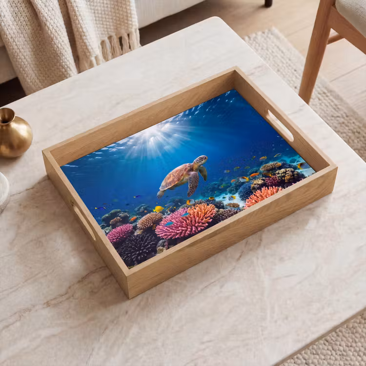 Schildpad - Koraalrif - Oceaan - Dieren - Blauw Dienblad Rechthoek middel -sfeer1