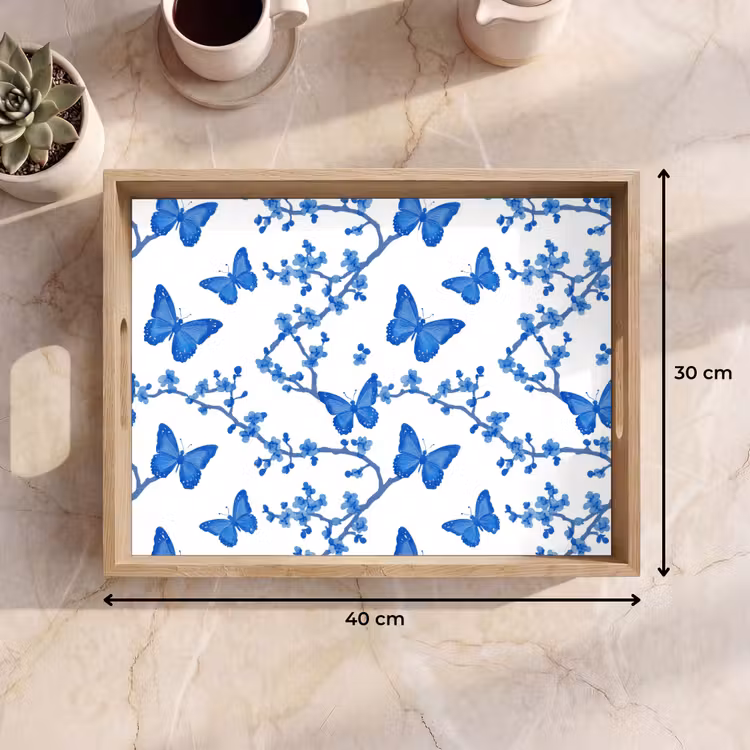 Vlinder - Bloemen - Blauw Dienblad Rechthoek middel 911 -USP_Formaat