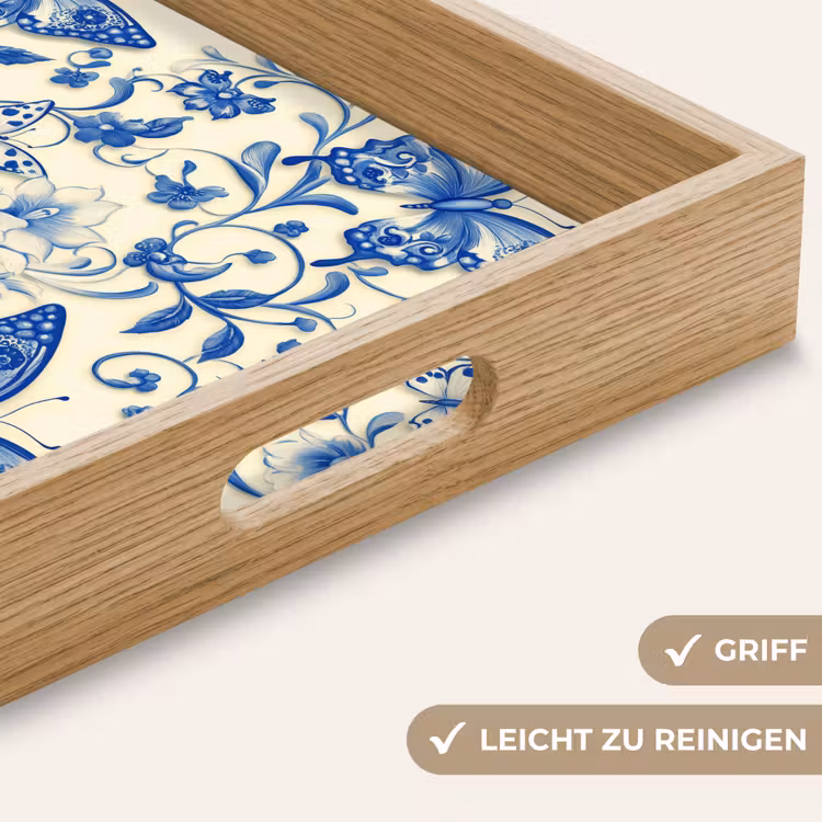 Vlinders - Bloemen - Blauw - Botanisch Dienblad Rechthoek middel 911 -USP_HandgreepDE