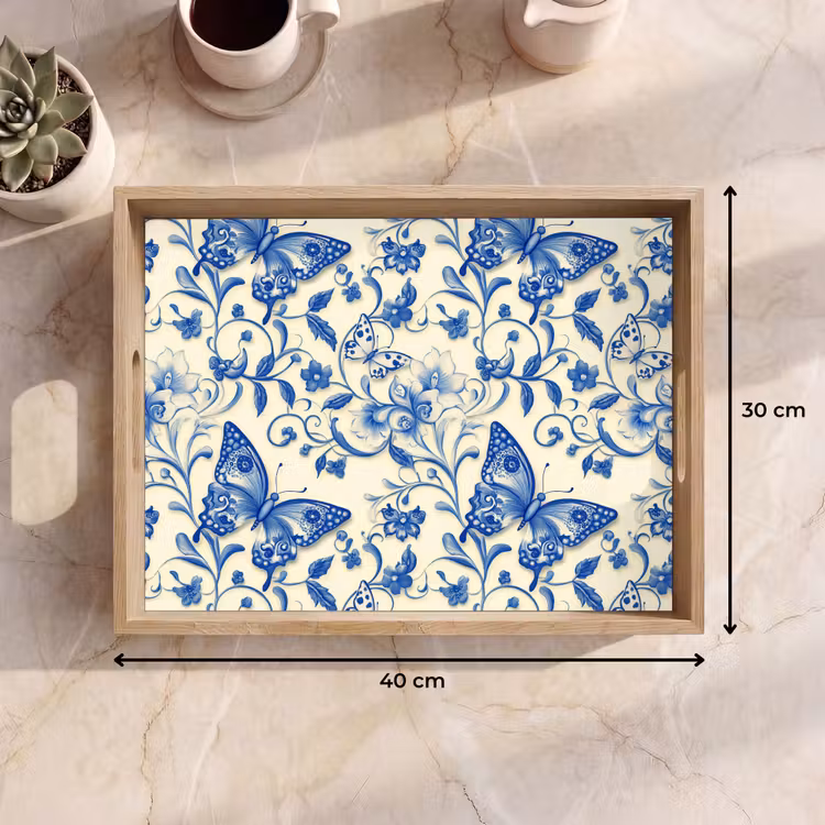 Vlinders - Bloemen - Blauw - Botanisch Dienblad Rechthoek middel 911 -USP_Formaat
