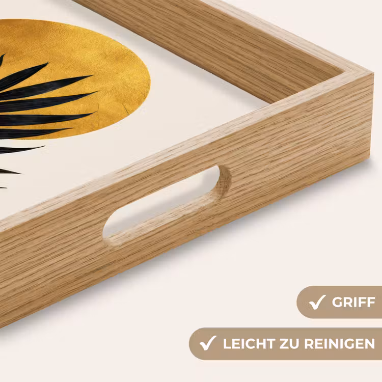 Zwart palmblad - Gouden cirkel - Beige achtergrond Dienblad Rechthoek middel -USP_HandgreepDE