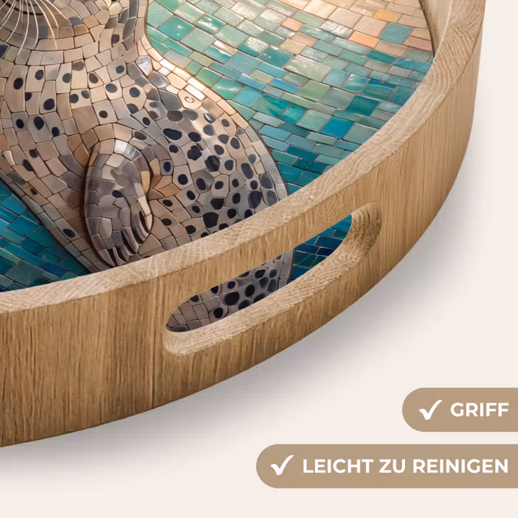 Zeehond - Mozaïek - Onderwater - Dieren - Blauw Dienblad Rond middel -USP_HandgreepDE
