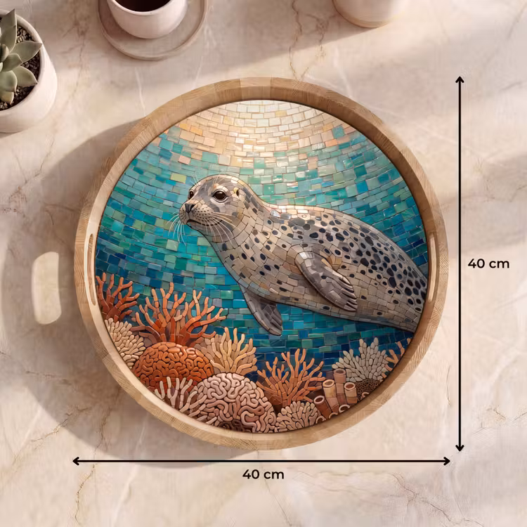 Zeehond - Mozaïek - Onderwater - Dieren - Blauw Dienblad Rond middel -USP_Formaat