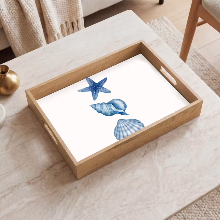 Zeester - Schelpen - Blauw Dienblad Rechthoek middel -sfeer1