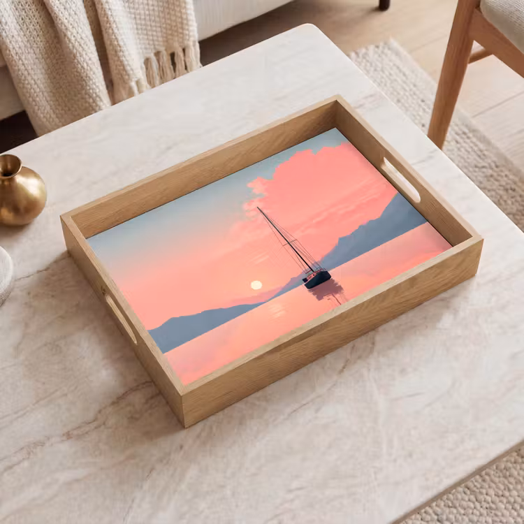 Zeilboot - Roze zee - Zonsondergang - Bergen Dienblad Rechthoek middel -sfeer1