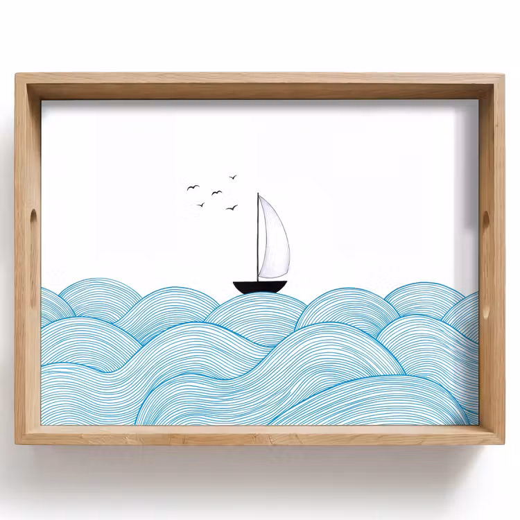 Zeilboot - Golven - Zee - Illustratie - Blauw Dienblad Rechthoek middel -z3d_shopping