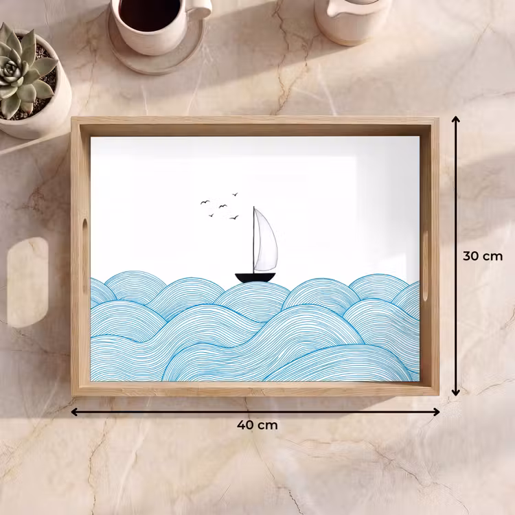 Zeilboot - Golven - Zee - Illustratie - Blauw Dienblad Rechthoek middel -USP_Formaat