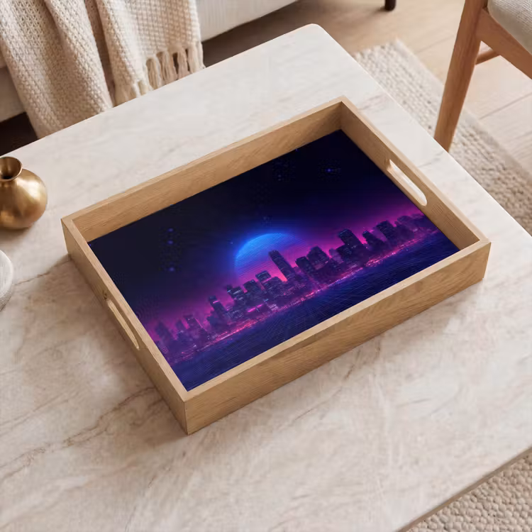 Skyline - Zon - Neon - Rasterpatroon Dienblad Rechthoek middel -sfeer1