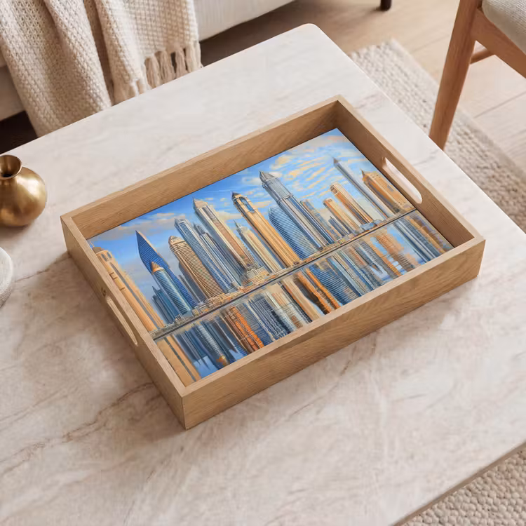 Skyline - Wolkenkrabbers - Water - Blauw Dienblad Rechthoek middel -sfeer1