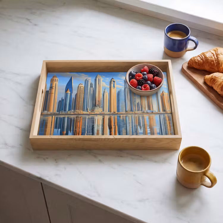 Skyline - Wolkenkrabbers - Water - Blauw Dienblad Rechthoek middel -sfeer2