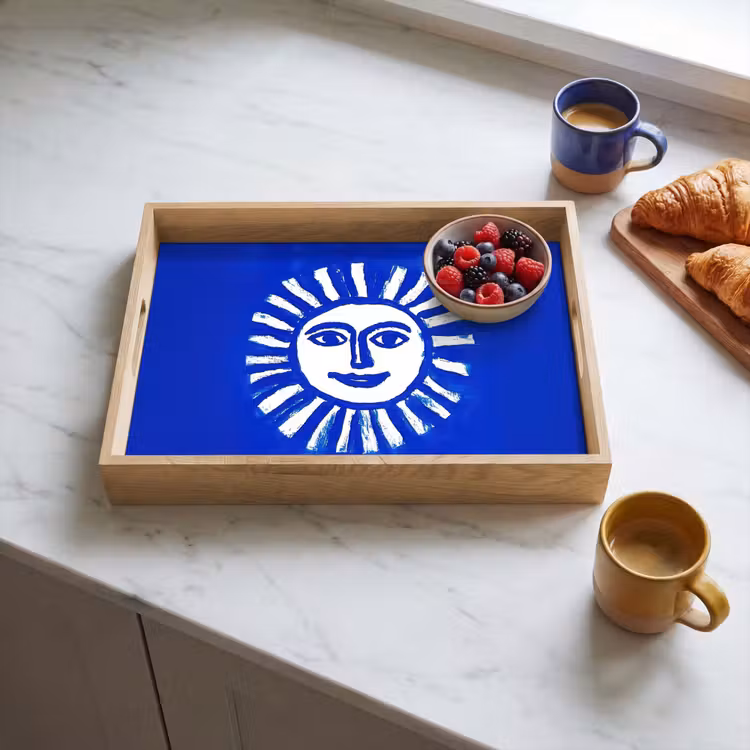 Zon - Gezicht - Penseelstructuur - Blauw Dienblad Rechthoek middel -sfeer2