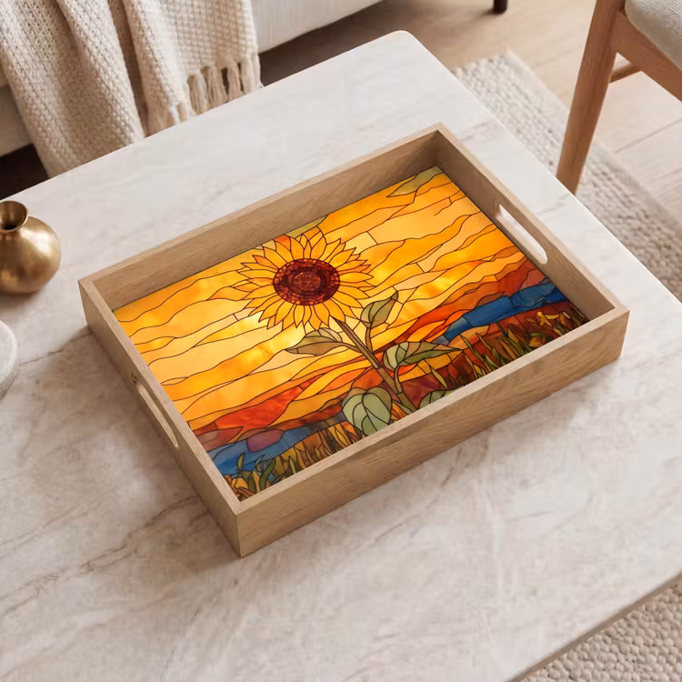 Zonnebloem - Mozaïek - Zonsondergang - Geel Dienblad Rechthoek middel -sfeer1