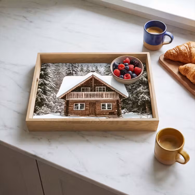 Huis - Bos - Winter - Natuur - Sneeuw Dienblad Rechthoek middel -sfeer2