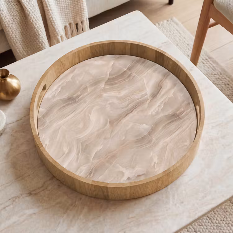 Steen - Golvend - Abstract - Beige Dienblad Rond middel -sfeer1