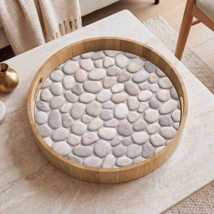 Steen - Kiezel - Natuur - Minimalistisch - Beige Dienblad Rond middel -sfeer1