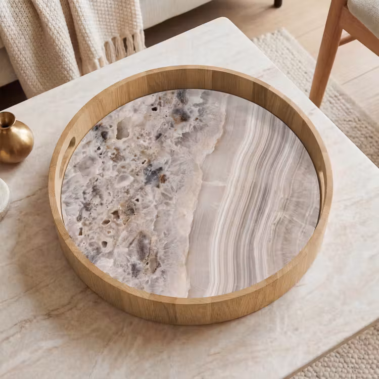 Steen - Textuur - Abstract - Beige - Wit Dienblad Rond middel -sfeer1
