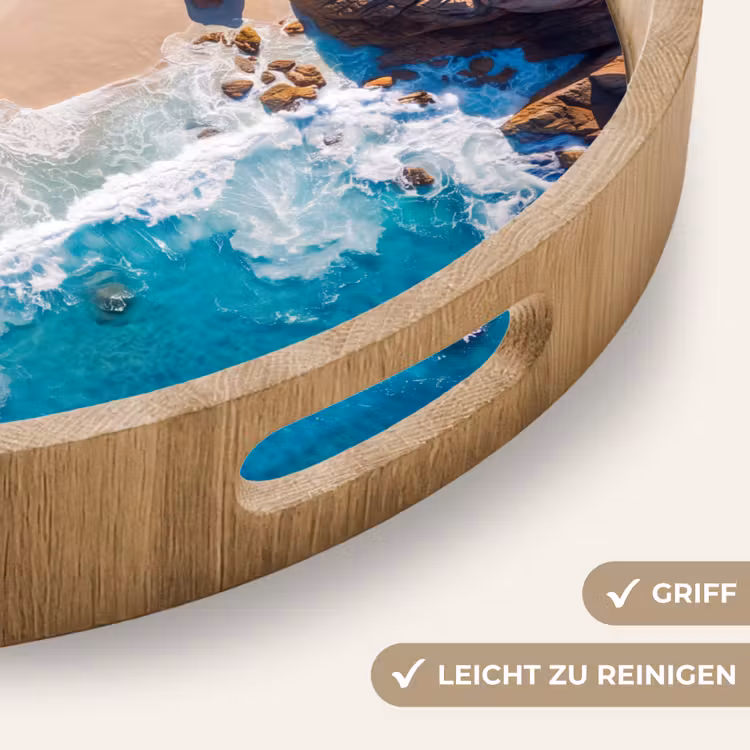 Strand - Zee - Rotsen - Natuur - Blauw Dienblad Rond middel -USP_HandgreepDE